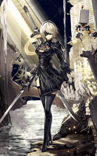 A Drawing Of A Girl Holding A Sword And A Gun GIF