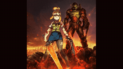 A Drawing Of A Girl Holding A Sword Next To A Demon GIF