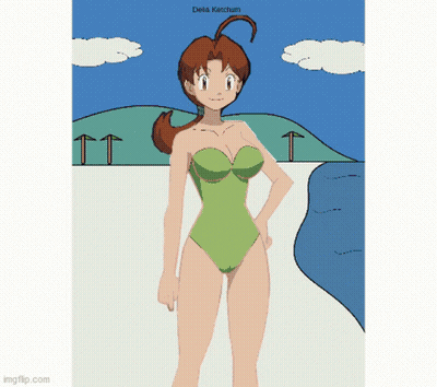 A Drawing Of A Girl In A Green Swimsuit With The Name Delta Ketchum On The Bottom GIF