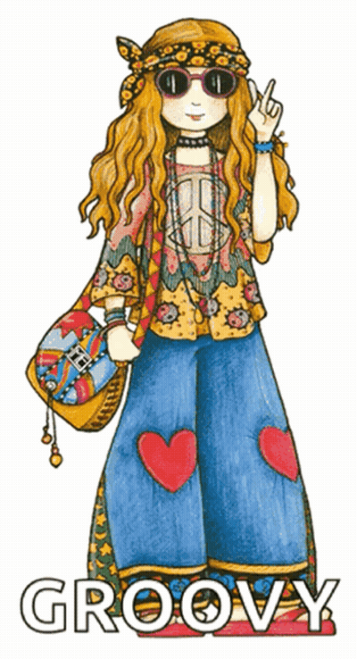 A Drawing Of A Girl In A Hippie Outfit With The Word Groovy Below Her GIF