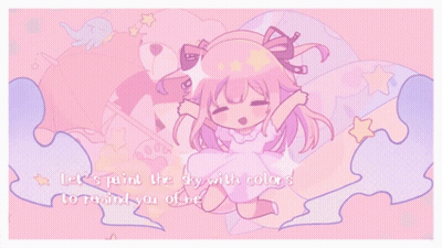 A Drawing Of A Girl In A Pink Dress With The Words Let 'S Paint The Sky With Colors To Remind You Of Me GIF