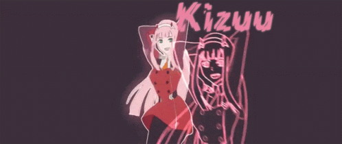 A Drawing Of A Girl In A Red Dress With The Word Kizuna On The Bottom GIF