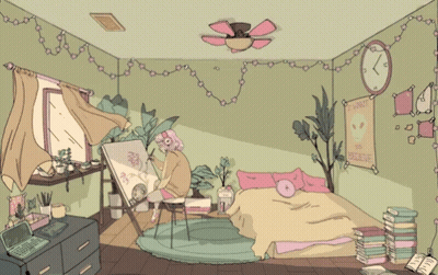 A Drawing Of A Girl Painting In A Bedroom With A Sign That Says " I Do Not Believe " GIF