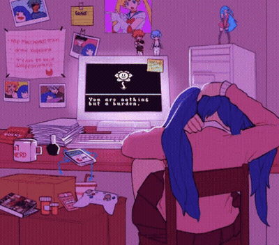 A Drawing Of A Girl Sitting At A Desk With A Computer That Says You Are Nothing But A Burden On It GIF