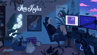A Drawing Of A Girl Sitting In A Chair With The Name Meg Kaylee GIF