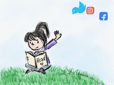 A Drawing Of A Girl Sitting In The Grass Reading A Book With Social Media Icons Behind Her GIF