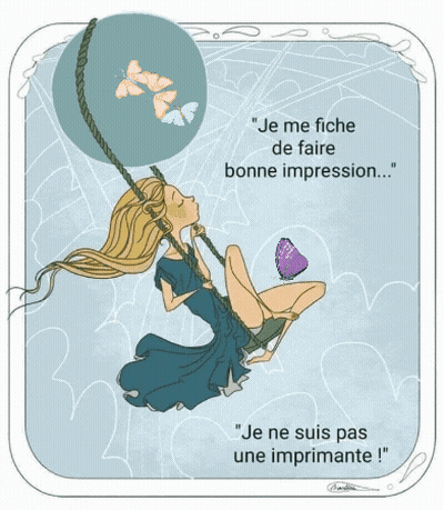 A Drawing Of A Girl Sitting On A Swing With A Butterfly And The Words Je Me Fiche De Faire Bonne Impression GIF