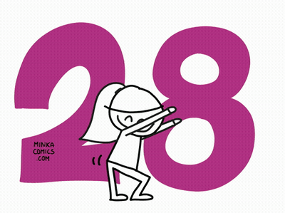 A Drawing Of A Girl Standing In Front Of The Number 28 By Minka Comics.com GIF