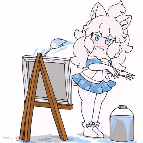A Drawing Of A Girl Standing Next To An Easel And A Bucket Of Water GIF