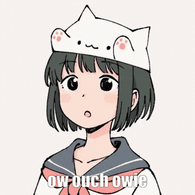 A Drawing Of A Girl Wearing A Cat Hat With The Words Ow Ouch Owie Below Her GIF