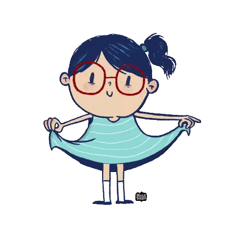 A Drawing Of A Girl Wearing Glasses And A Blue Dress With Flowers Behind Her Sticker