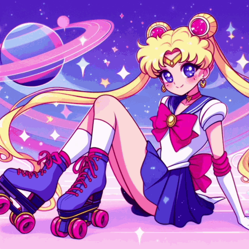 A Drawing Of A Girl Wearing Roller Skates With A Planet In The Background GIF