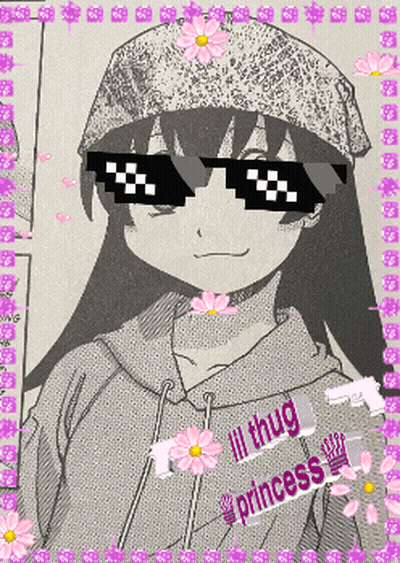 A Drawing Of A Girl Wearing Sunglasses And A Hat That Says ' Ill Thug Princess ' On It GIF