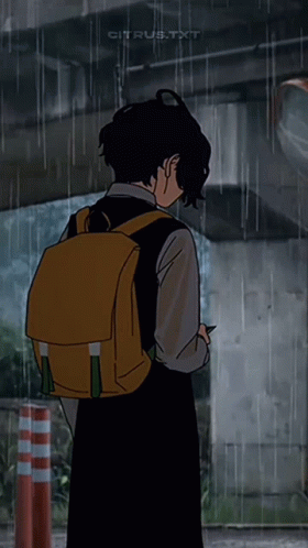 A Drawing Of A Girl With A Backpack In The Rain GIF