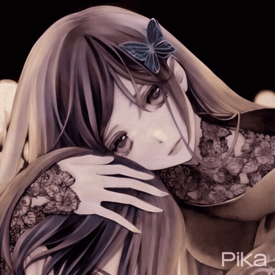 A Drawing Of A Girl With A Butterfly In Her Hair Has The Name Pika On The Bottom GIF