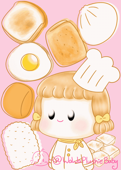 A Drawing Of A Girl With A Chef 'S Hat And A Bunch Of Food Including Eggs Bread And Rice GIF