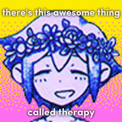 A Drawing Of A Girl With A Flower Crown On Her Head With The Words " There 'S This Awesome Thing Called Therapy " GIF