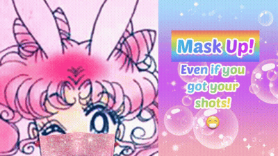 A Drawing Of A Girl With A Mask On Her Face Next To A Sign That Says Mask Up GIF