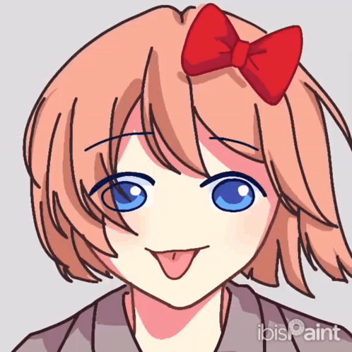 A Drawing Of A Girl With A Red Bow On Her Head Shows Her Tongue Out GIF