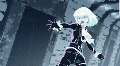 A Drawing Of A Girl With A Shocked Look On Her Face In A Dark Room GIF