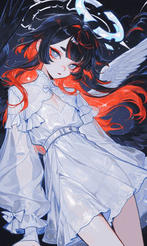 A Drawing Of A Girl With Angel Wings And Red And Black Hair GIF