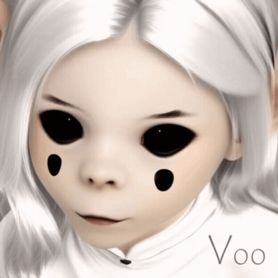 A Drawing Of A Girl With Black Eyes And The Word Voo Below It GIF