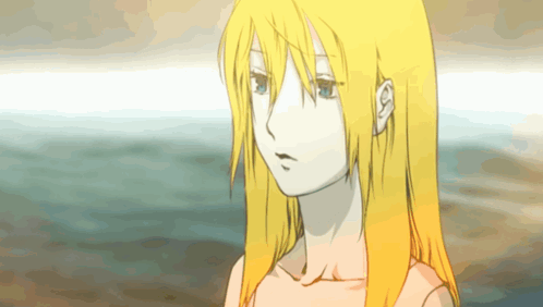 A Drawing Of A Girl With Blonde Hair Looking At Something GIF