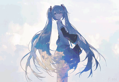 A Drawing Of A Girl With Blue Hair And The Word Kieed On The Bottom GIF