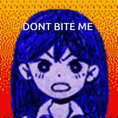 A Drawing Of A Girl With Blue Hair And The Words " Dont Bite Me " On The Bottom GIF