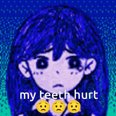 A Drawing Of A Girl With Blue Hair And The Words " My Teeth Hurt " GIF