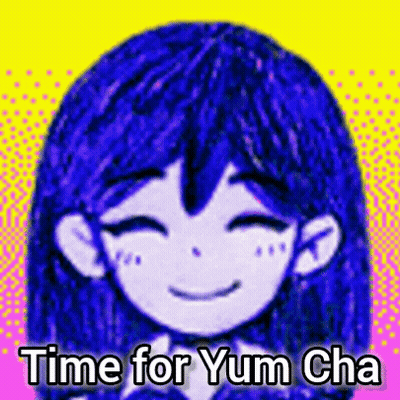 A Drawing Of A Girl With Blue Hair And The Words `` Time For Yum Cha '' Written On It . GIF