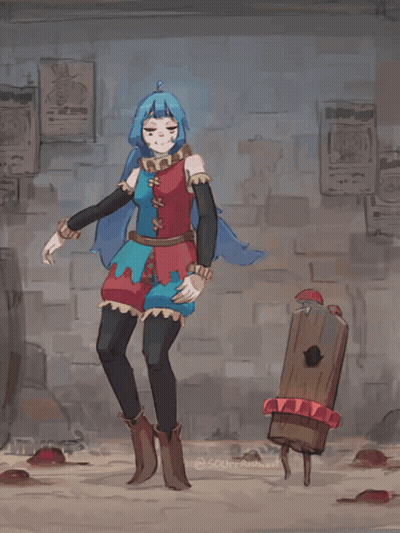 A Drawing Of A Girl With Blue Hair Standing Next To A Wooden Board GIF