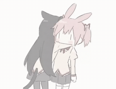 A Drawing Of A Girl With Bunny Ears Hugging A Cat . GIF
