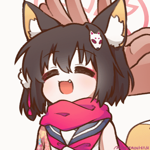 A Drawing Of A Girl With Fox Ears And A Scarf Around Her Neck Has The Name Taihan On The Bottom GIF