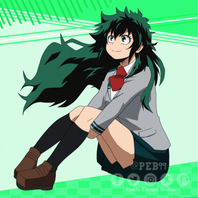 A Drawing Of A Girl With Green Hair Is Sitting On The Floor GIF
