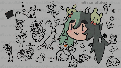 A Drawing Of A Girl With Green Hair Is Surrounded By Other Drawings Including A Cat And A Rabbit GIF