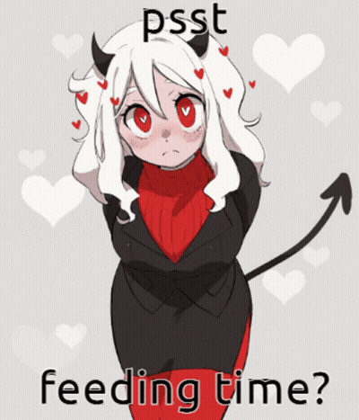 A Drawing Of A Girl With Horns And The Words Psst Feeding Time On The Bottom GIF
