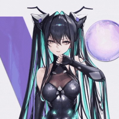 a drawing of a girl with long black hair and a purple sphere in the background