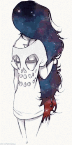A Drawing Of A Girl With Long Blue Hair And A Skull Shirt GIF