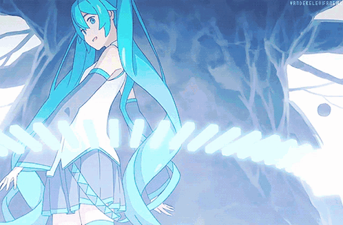 A Drawing Of A Girl With Long Blue Hair And The Words Wandereleonmagic GIF