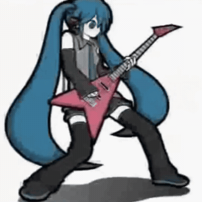 A Drawing Of A Girl With Long Blue Hair Holding A Pink Guitar GIF