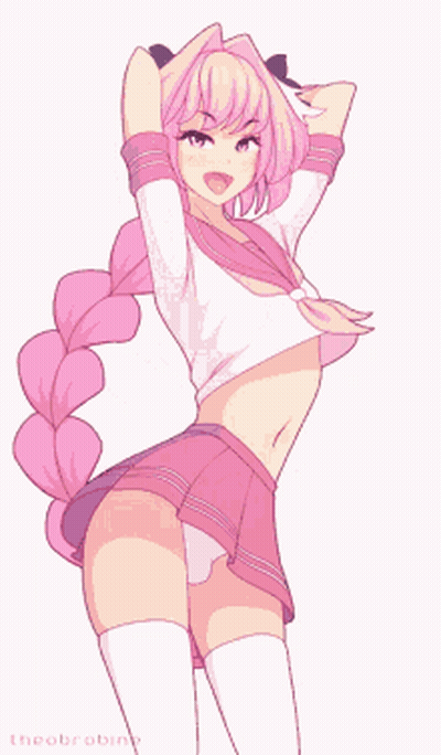 A Drawing Of A Girl With Pink Hair And A Pink Skirt Is Titled Theobrine GIF
