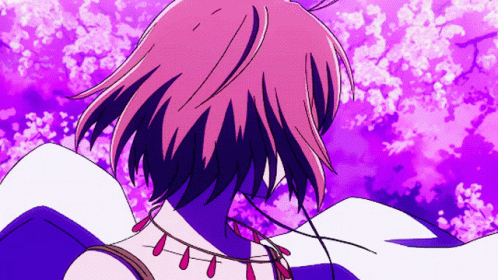 A Drawing Of A Girl With Pink Hair And A Purple Sky In The Background GIF