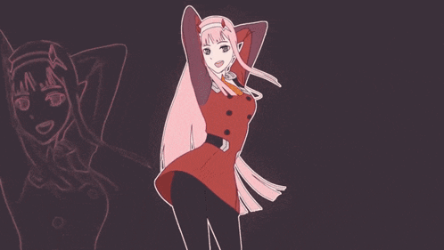 A Drawing Of A Girl With Pink Hair And A Red Dress On A Dark Background GIF