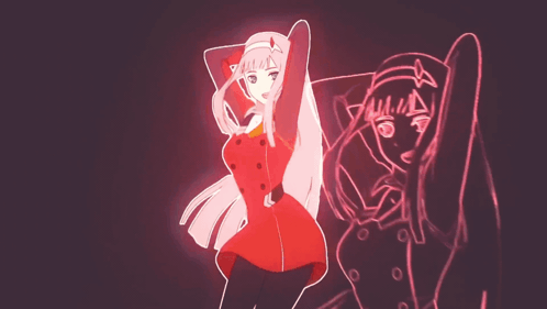 A Drawing Of A Girl With Pink Hair And A Red Outfit GIF