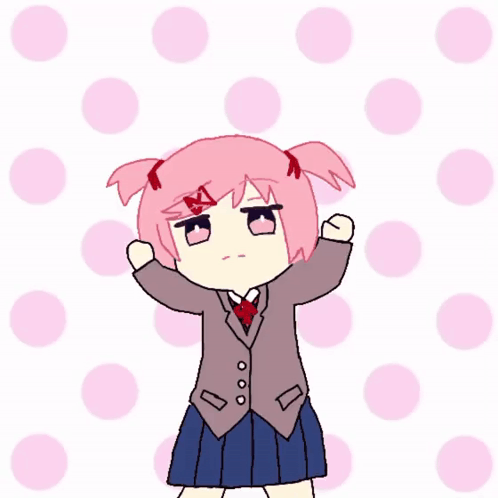 A Drawing Of A Girl With Pink Hair In A School Uniform With Polka Dots In The Background . GIF
