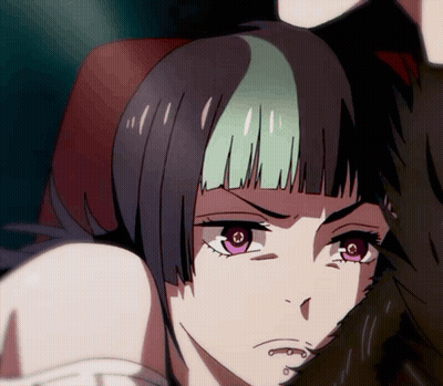 A Drawing Of A Girl With Purple Eyes And Green Hair GIF