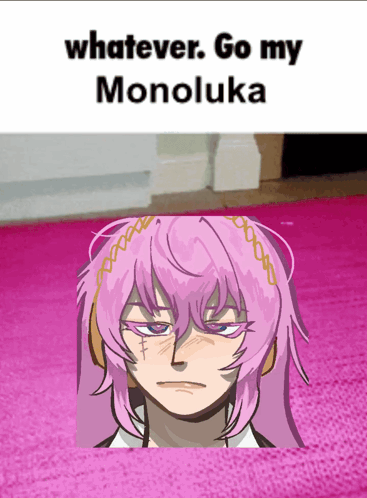 A Drawing Of A Girl With Purple Eyes And The Words Whatever Go My Monoluka GIF
