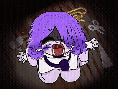 A Drawing Of A Girl With Purple Hair And A Hammer And Scissors In The Background GIF