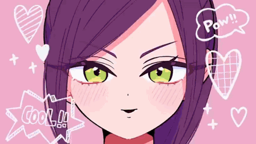 A Drawing Of A Girl With Purple Hair And Green Eyes Says Pow GIF